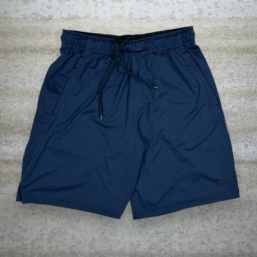 Vintage Y2K Nike Gym Shorts Mens M Navy Blue Polyester Black Swoosh Dri Fit